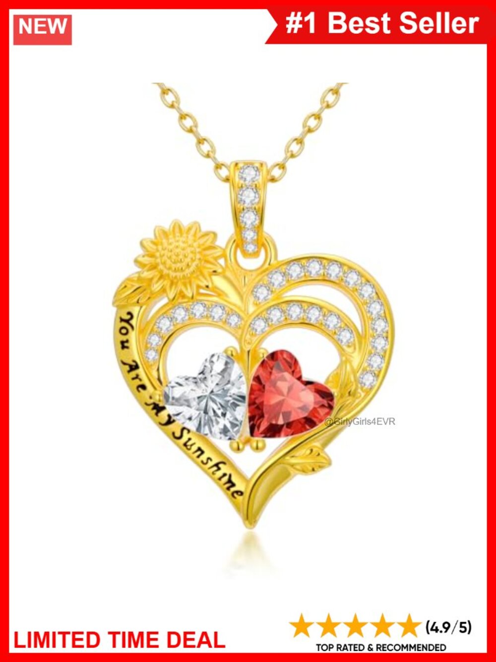 14K Gold Sunflower Heart Necklace Double Birthstone Pendant for Women